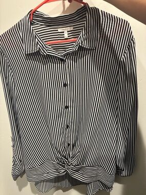 Maurices Black and White Striped Button-Front Tie-Hem Blouse